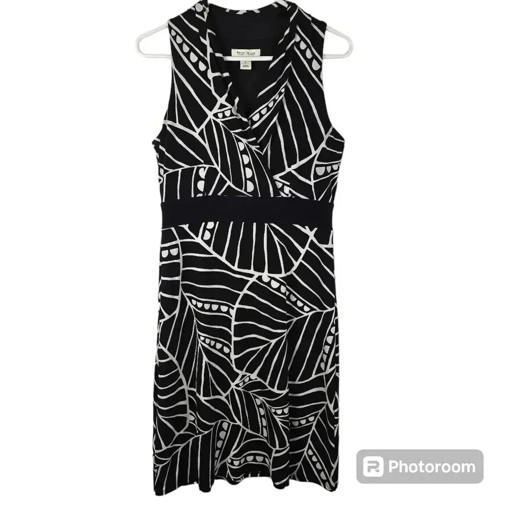White House/Black Market B&W Geo Art Leaf Jersey Knit V-Surplice Empire Dress~S